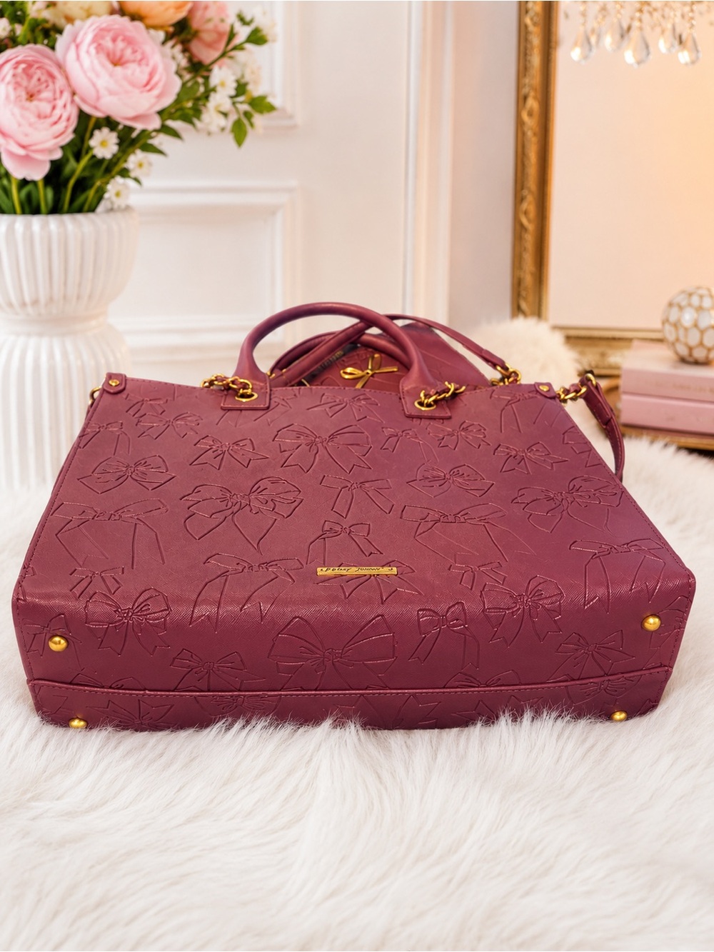 Betsey Johnson Bow Embossed Large Tote Bag – Burgundy16” x 12.5” x 6” NWT